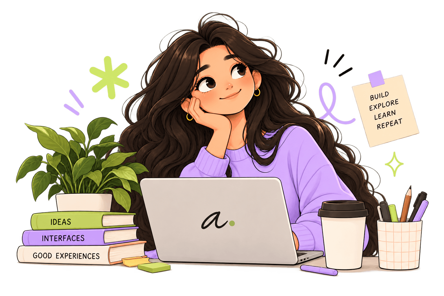 Illustration of Arpita at a laptop, surrounded by books, a plant, and notes to build, explore, learn, and repeat.
