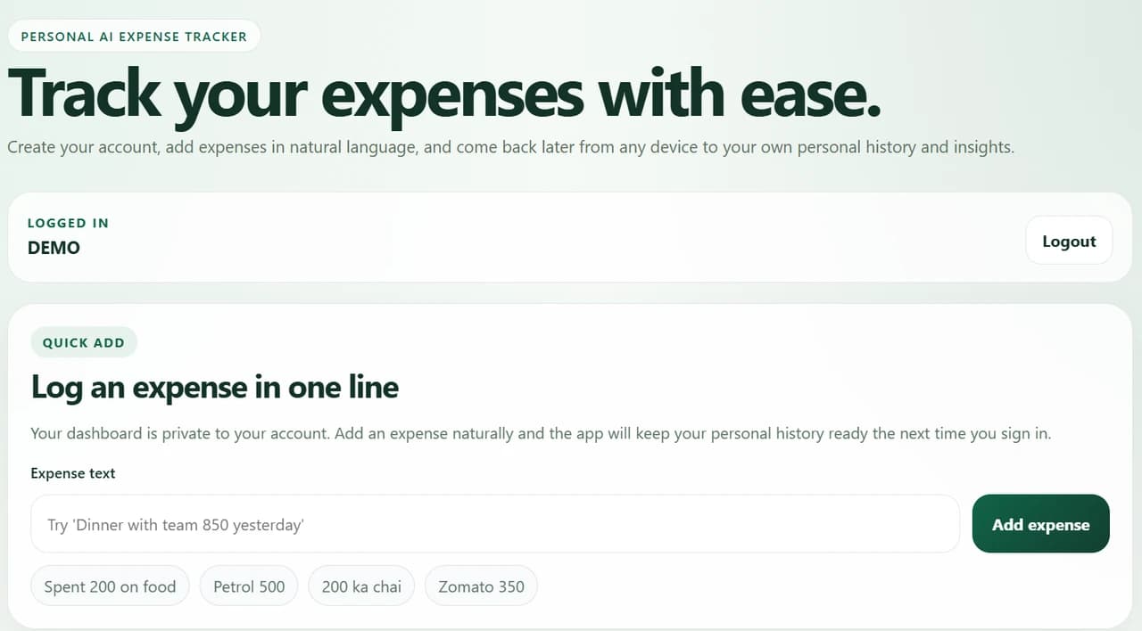 AI Expense Tracker's DEMO account with Track your expenses with ease and a natural-language expense input.