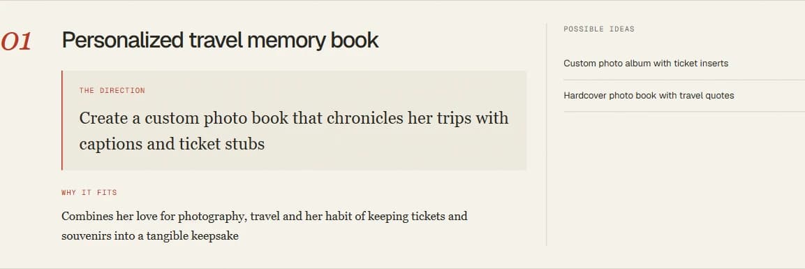 Gift Panic recommends a personalized travel memory book, with reasoning and possible ideas.
