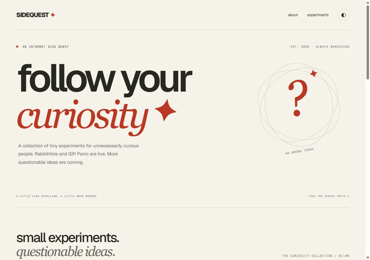 SideQuest's live homepage, introducing its curiosity-driven collection of experiments.