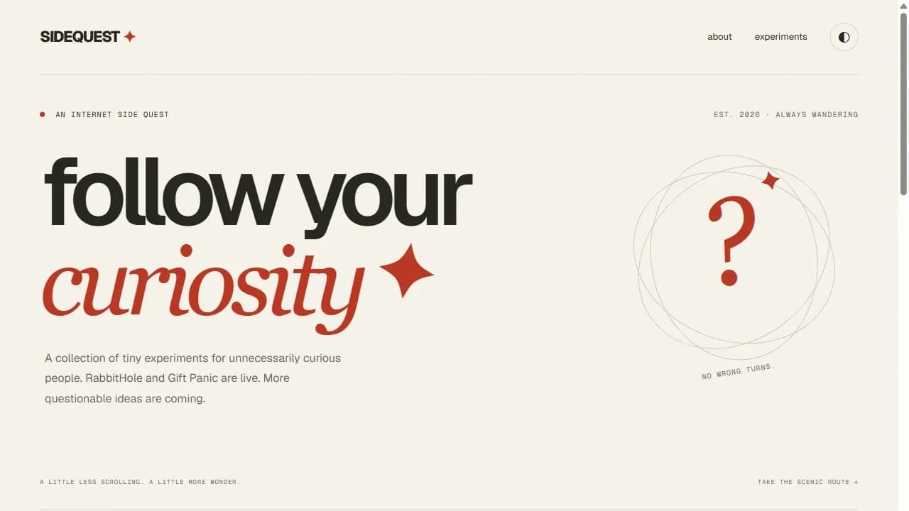 SideQuest homepage with the headline Follow your curiosity and an orbiting question mark.