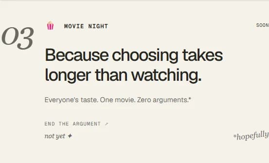 The real Movie Night catalogue entry marked Soon, describing a shared movie choice.